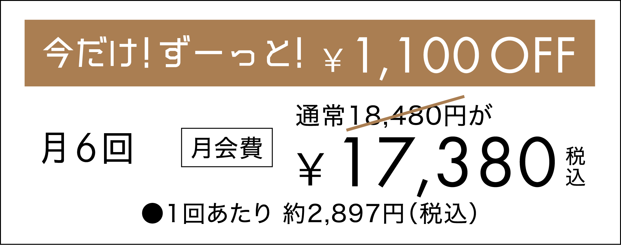 グループレッスン月6回、月会費は通常18,480円から1,100円引きの17,380円（税込）、1回あたり約2,897円（税込）